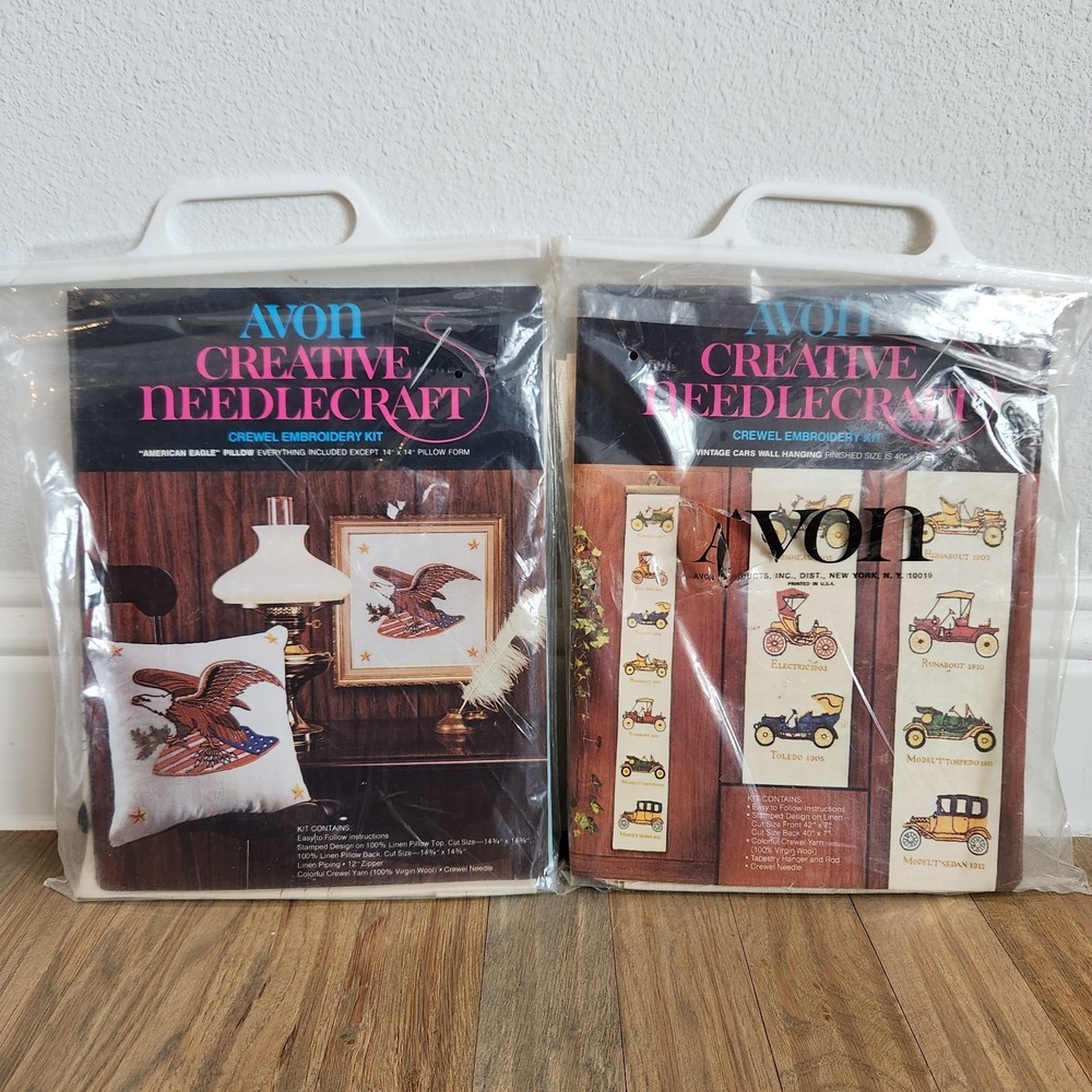 VTG AVON Creative Needle Crewel Embroidery American Eagle Pillow Cars Wall Hang